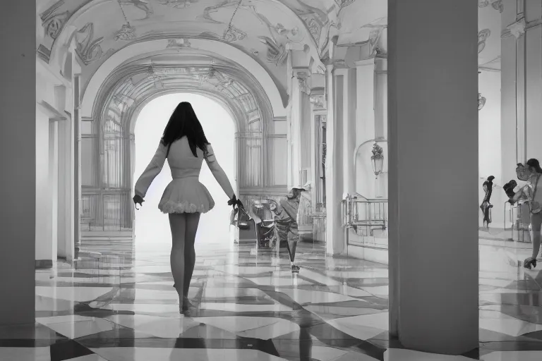 Image similar to giant flower head, girl walking in 1 9 6 0 hotel, surreal, symmetry, flat space, fanciful, hue, detailed, wes anderson