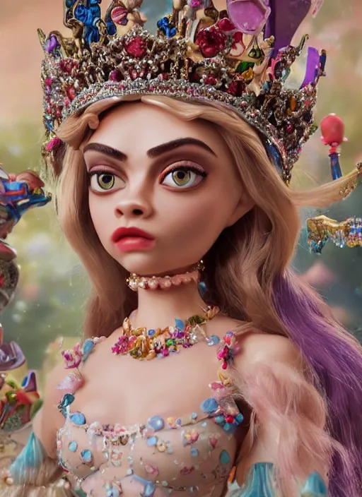 Image similar to closeup face profile portrait of tin toy cara delevingne as a fairytale princess wearing a crown eating cakes, bikini, depth of field, zeiss lens, detailed, symmetrical, centered, fashion photoshoot, by nicoletta ceccoli, mark ryden, lostfish, breathtaking, 8 k resolution, extremely detailed, beautiful, establishing shot, artistic, hyperrealistic, octane render