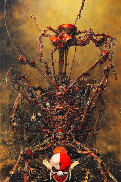 Prompt: realistic detailed image of Mechanical Clown Machine Spider Technological Nightmare by Ayami Kojima, Amano, Karol Bak, Greg Hildebrandt, and Mark Brooks, Neo-Gothic, gothic, rich deep colors. Beksinski painting, part by Adrian Ghenie and Gerhard Richter. art by Takato Yamamoto. masterpiece