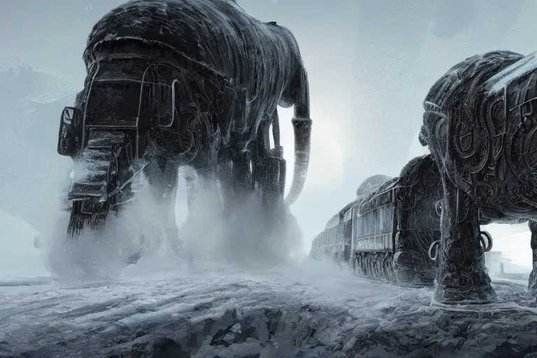 Prompt: an intricate futuristic black steam train and a giant mammoth, post - apocalyptic ice landscape in snowstorm, cinematic concept art, artstation, highly detailed, digital art