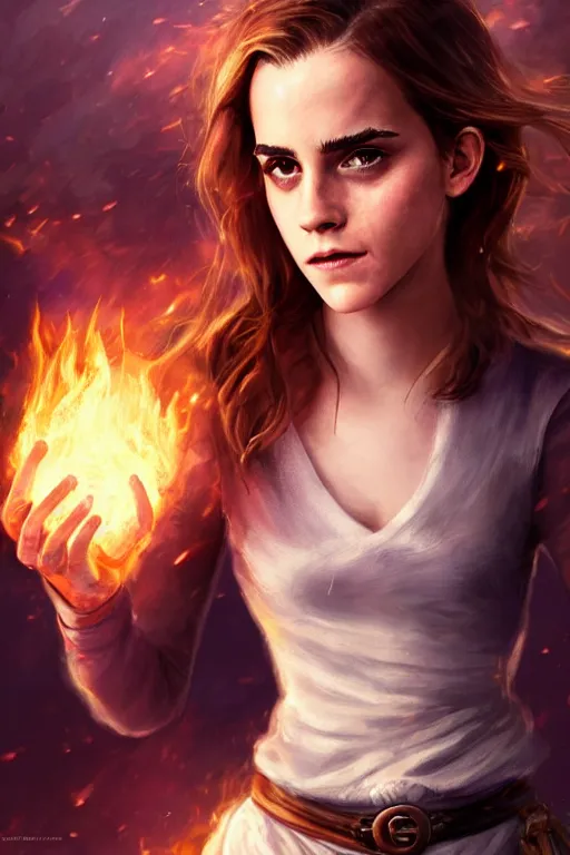 Prompt: a photo of Emma Watson using her superpower of fire, fantasy, intricate, young and cute girl, beautiful, highly detailed, digital painting, artstation, concept art, smooth, sharp focus, illustration