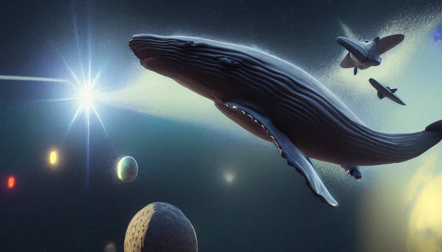 Image similar to highly detailed cinematic scifi render of flying whales over the skies of tuscany, starry night, planets, hyper detailed, digital art, trending in artstation, cinematic lighting, studio quality, smooth render, unreal engine 5 rendered, octane rendered, art style by klimt and nixeu and ian sprigger and wlop and krenz cushart, artstation unreal.