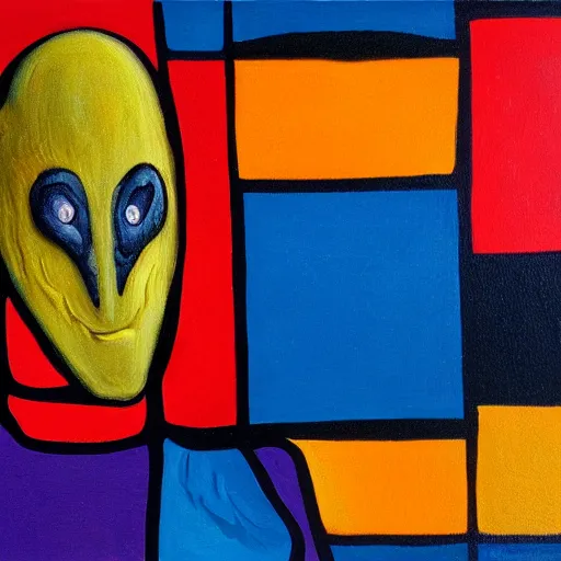 Image similar to painting of friendly alien creature in the style of piet mondrian