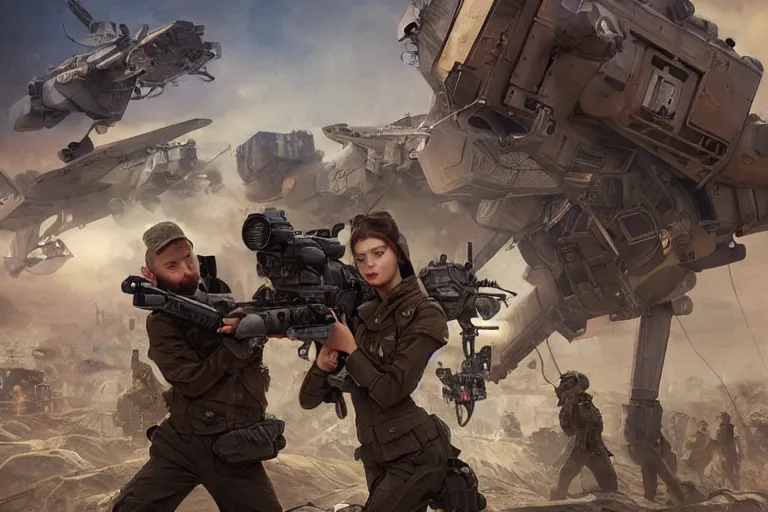 Image similar to Boy and girl holding each other's hands standing scared in front of a military war machine which is aiming at them. beautiful detailed photograph intricate insanely detailed octane render, 8k artistic photography, photorealistic, art by artgerm and greg rutkowski and alphonse mucha, detailed, trending on artstation