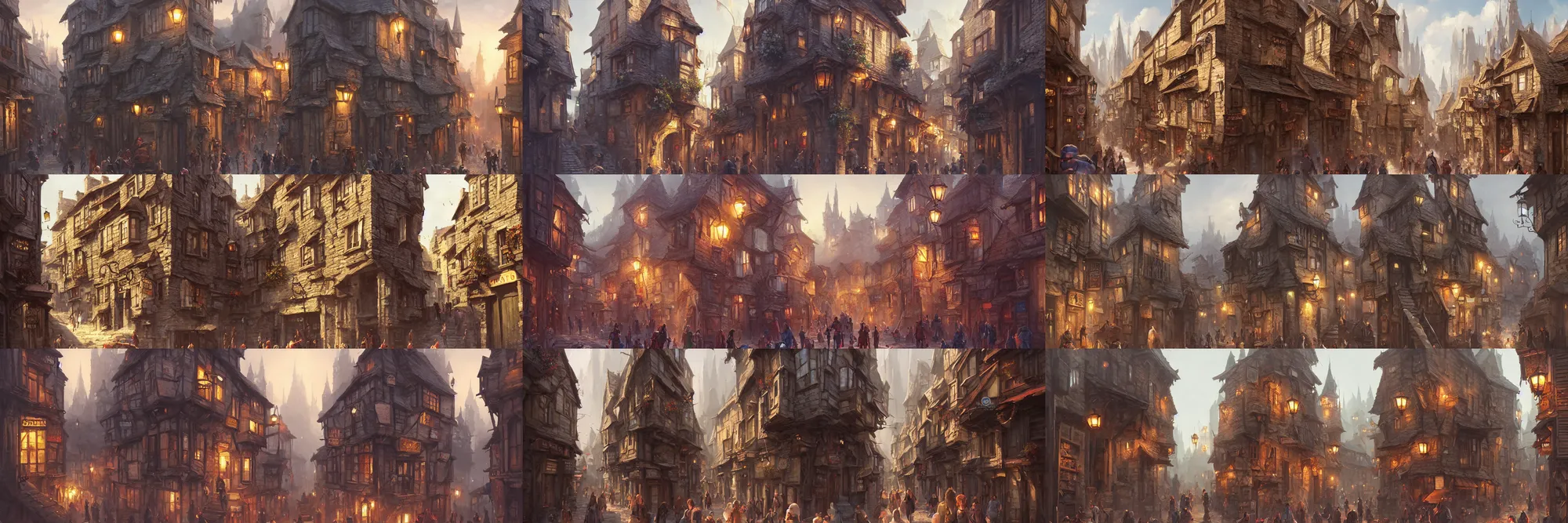 Image similar to a busy street within a fascinating old fantasy city, quirky shops, narrow streets, old buildings, old stone steps, street life, by Sylvain Sarrailh, cinematic, stunning composition, beautiful digital painting, oil painting, dungeons and dragons, lord of the rings