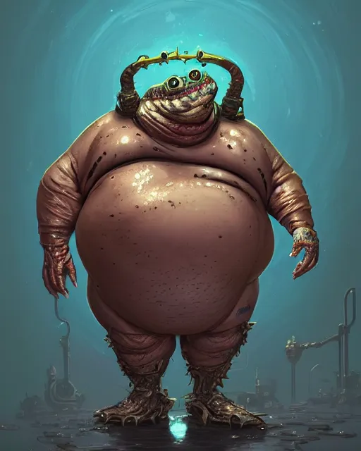 Prompt: a morbidly obese slimy anthropomorphic toad king wearing ornate cyberpunk armor, smooth, intricate, elegant, digital painting, artstation, steam, grungy steel, concept art, sharp focus, octane render, illustration, art by josan gonzalez,