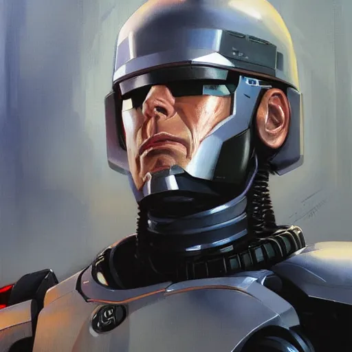 Image similar to greg manchess portrait painting of peter weller combined with the robocop as overwatch character, medium shot, asymmetrical, profile picture, organic painting, sunny day, matte painting, bold shapes, hard edges, street art, trending on artstation, by huang guangjian and gil elvgren and sachin teng