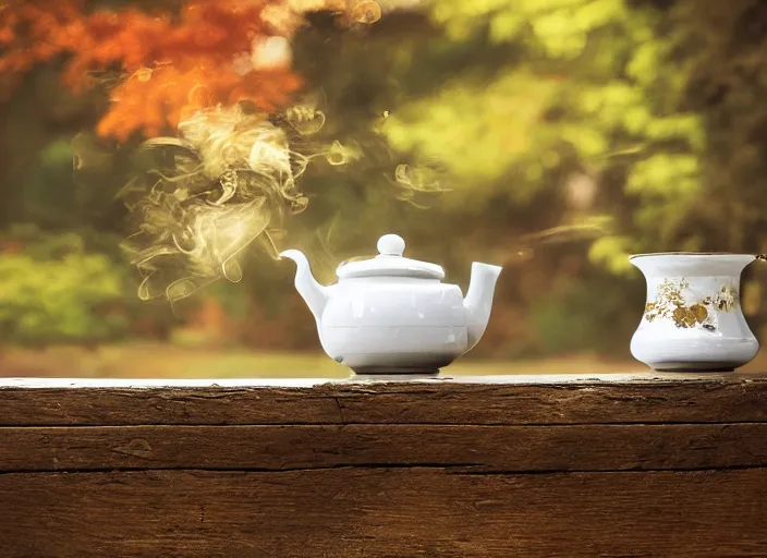 Prompt: garden, geisha, old traditional japanese tea pot, two smoky cup of tea on a wood table, smoky autumn lightings, japanese garden background, micro details, ( ( ( intricate ) gold details ) ), photorealism, crisp, hasselblad camera, by annie leibovitz