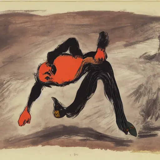 Image similar to hideous by vito acconci, by edouard manet ochre. illustration. a man with a large head & a small body is floating in the air, his arms & legs flailing. his clothes are tattered & he has a wild look in his eyes.