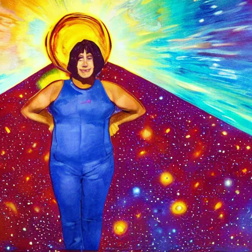 Prompt: A woman is inside a giant box that is painted to look like space. She is standing above a floating platform.