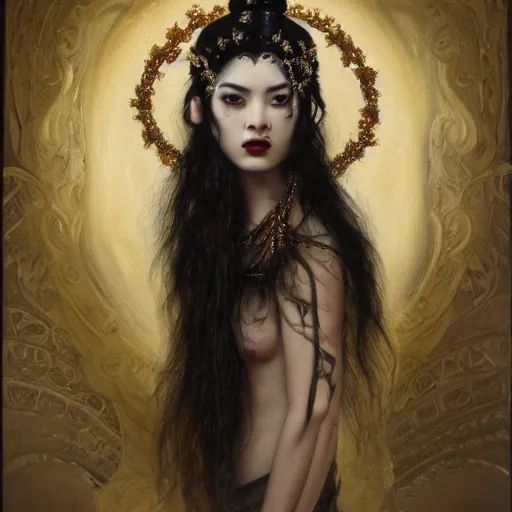 Prompt: highly detailed oil painting, very intricate, cinematic lighting, award - winning, portrait of the asian goddess of goth dressed by alexander mcqueen, sexy, by roberto ferri, by tom bagshaw, by j. c. leyendecker and klimt, american romanticism, by austin osman spare, artstation, cgsociety, official art, octane