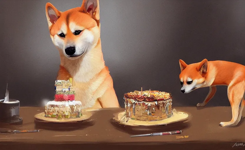 Image similar to a painting of a shiba and a birthday cake trending on artstation in the style of greg rutkowski