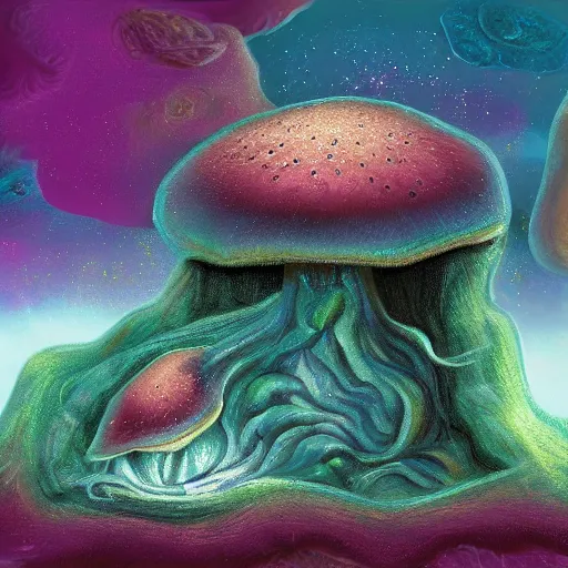 Image similar to mushroom growing in a crystal cave, digital painting, surrealism, psychedelic