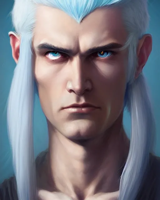 Image similar to character portrait of a slender young half elven man with white hair, piercing cyan blue eyes, and pale blue skin, by greg rutkowski, mark brookes, jim burns, tom bagshaw, trending on artstation