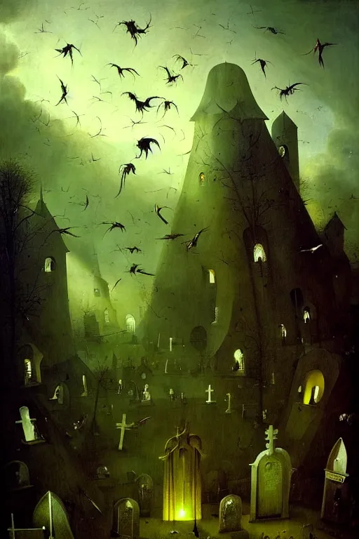 Image similar to hieronymus bosch, greg rutkowski, anna podedworna, painting of a hand made of raven feathers reaching down from the clouds, god rays, wide shot of a graveyard lit by spooky green lights