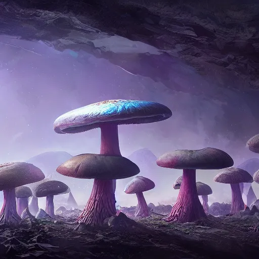 Image similar to scientists take their first steps on a strange alien planet full of mushrooms and other complex fungi, 8 k resolution matte painting trending on artstation