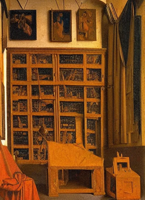 Image similar to bookshelves and drawing materials, paints, brushes, medieval painting by jan van eyck, johannes vermeer, florence