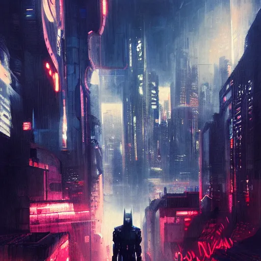 Prompt: cyberpunk batman, red bat, moody, futuristic, city background, brush strokes, oil painting, greg rutkowski