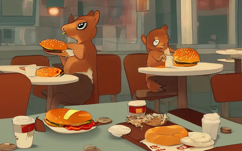 Prompt: a lonely squirrel eating a burger in a diner, digital art, trending on ArtStation