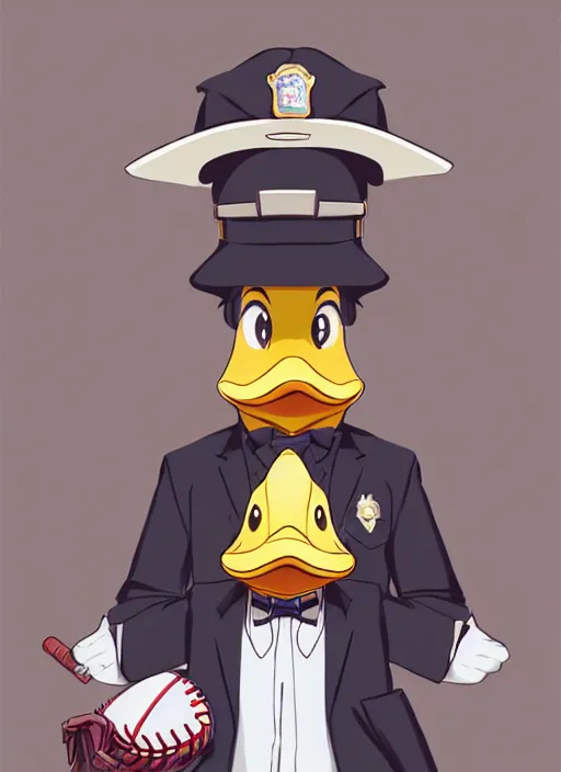 Image similar to commissioned full body portrait of a male anthro duck fursona with a duck head wearing a nice black suit and a fedora holding a baseball bat sitting on the hood of a police patrol car in a baseball stadium, by a professional manga illustrator, Stanley Artgerm Lau, WLOP, Rossdraws, James Jean, Andrei Riabovitchev, Marc Simonetti, and Sakimichan, trending on artstation