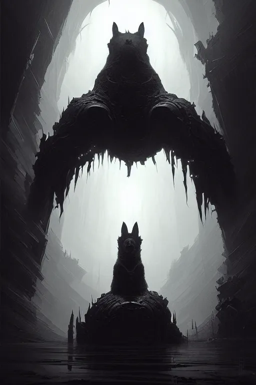 Image similar to professional concept art of a symmetrical fractal ominous floating doge terrifying giant thing in a dark room by artgerm and greg rutkowski ( thin white border ). an intricate, elegant, highly detailed digital painting, concept art, smooth, sharp focus, illustration, in the style of cam sykes, wayne barlowe, igor kieryluk.