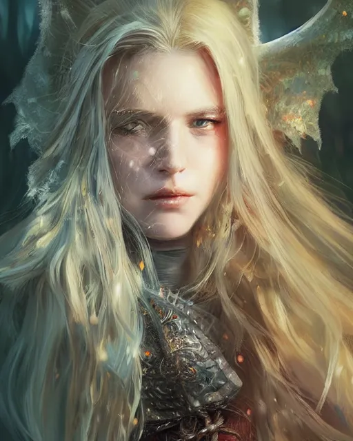 Image similar to cinematic side portrait blonde girl, adventurer outfit large cloak, fantasy forest landscape, dragon scales in hair, fantasy magic, long wavy blonde hair, dark light night, intricate, sharp focus, lens flare, bloom, rim light, illustration, highly detailed, digital painting, concept art, matte, art by ruan jia