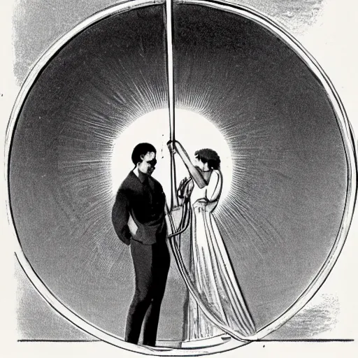 Prompt: a man and woman stand under a pendulum sun in the heart of arcadia.