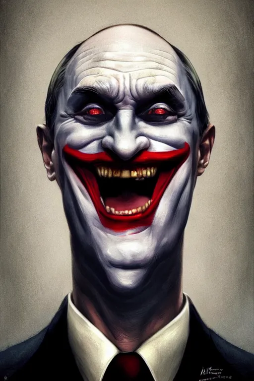 Prompt: vladimir putin as joker, realistic portrait, symmetrical, highly detailed, digital painting, artstation, concept art, smooth, sharp focus, illustration, cinematic lighting, art by artgerm and greg rutkowski and alphonse mucha