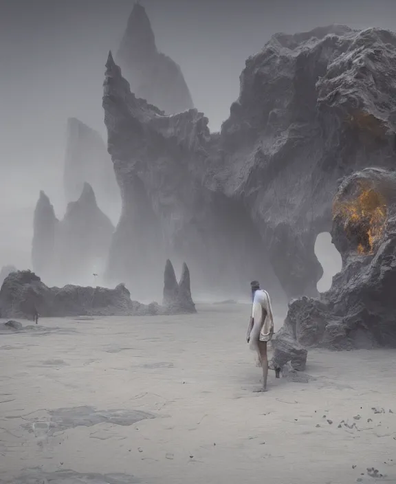 Prompt: surreal romantic prometheus horizontal white exploration base, ochre ancient palette, building architecture by ruan jia, futuristic, blame, white architecture in the beach in iceland, foggy, highly detailed, digital painting, arstation, concept art, hyperealistic octane render, unreal engine