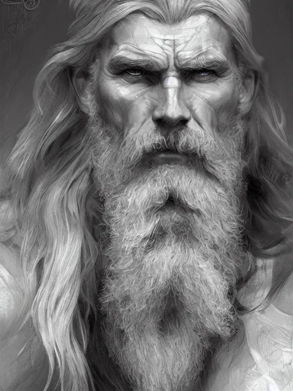 Prompt: painted portrait of rugged odin, god of war, norse god, white hair, masculine, mature, handsome, upper body, grey and silver, muscular, hairy torso, fantasy, intricate, muscular, elegant, highly detailed, digital painting, artstation, concept art, smooth, sharp focus, illustration, art by gaston bussiere and alphonse mucha