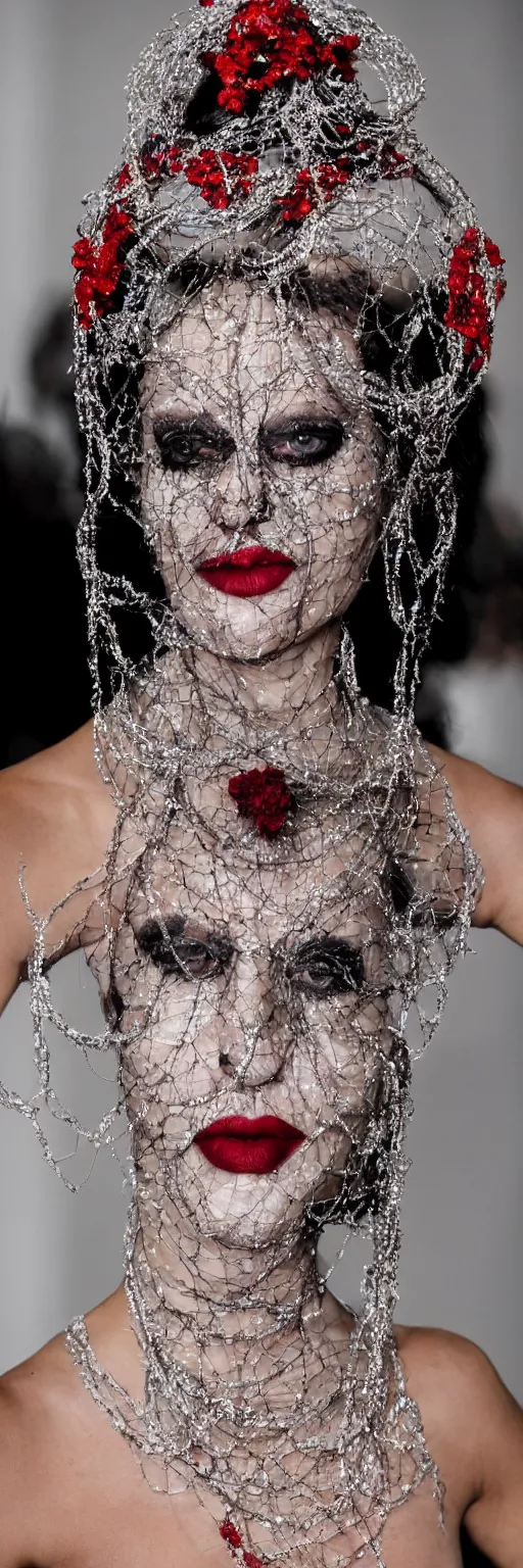 Image similar to a photograph of a woman with dark make-up around her eyes and red lipstick with slicked-back black hair wearing an outrageous Alexander McQueen mesh face jewelry across her face, encrusted with hanging beads and diamonds, haute couture, high fashion, Eiko Ishioka