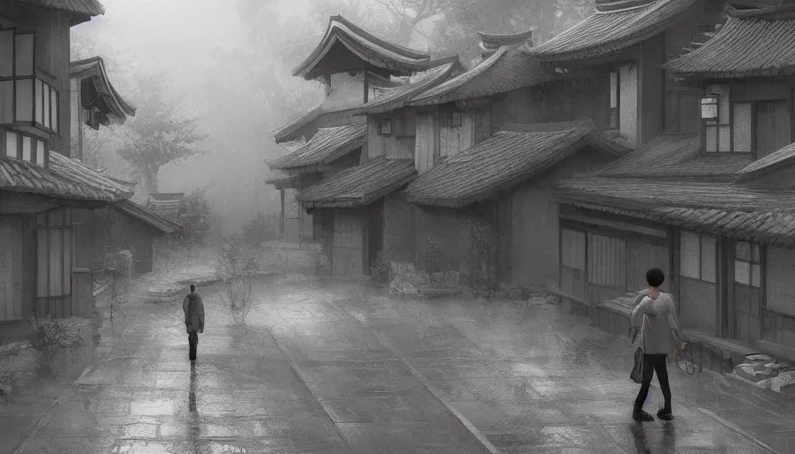 Prompt: Grey cat walking in a small Japanese village during a cloudy sunny day, hyperdetailed, artstation, cgsociety, 8k