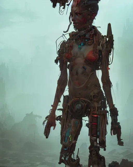 Prompt: hyper realistic photo of postapocalyptic tribal cyborg girl, full body, cinematic, artstation, cgsociety, greg rutkowski, james gurney, mignola, craig mullins, brom