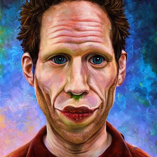 Prompt: portrait of glenn howerton as dennis reynolds in the style of esao andrews, oil painting, pop surrealism, cartoon-tainted abstract surrealism