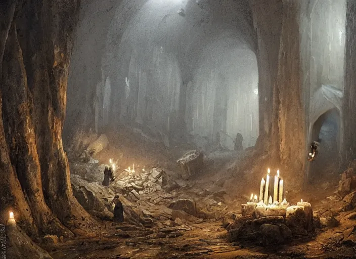 Image similar to A hooded dark figure approaches an abandoned mine in a cave lit by candles, Ivan Shishkin and Greg Rutkowski