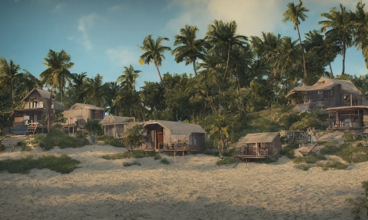 Prompt: a couple of small houses sitting on top of a sandy beach, a digital rendering by christian hilfgott brand, featured on dribble, photorealism, rendered in unreal engine, vray tracing, physically based rendering