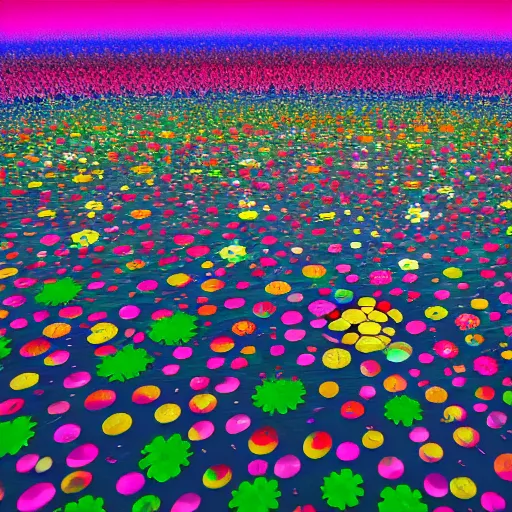 Prompt: Floral psychedelic apocalypse caused by the crashing of the Murakami flower meteor in the peaceful village, unreal engine 5 render, art by Takashi Murakami, Meteor made out of Murakami flowers