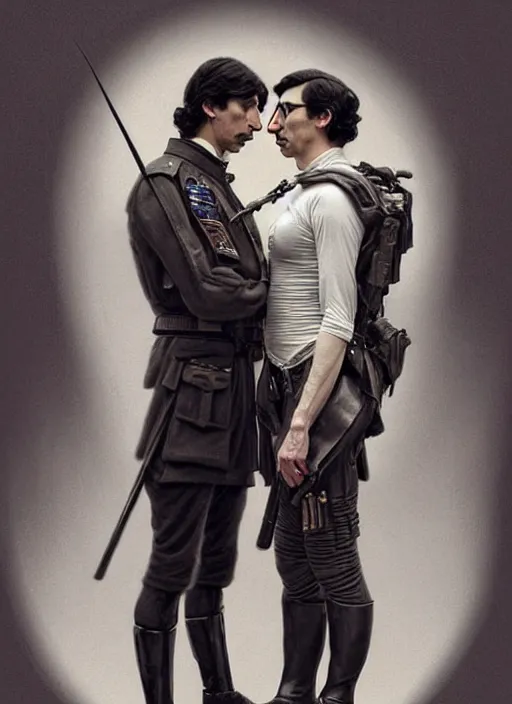 Image similar to portrait of two people, john oliver is short, adam driver is tall, standing together, stoic, full body, military uniform, fantasy, intricate, elegant, beautiful, highly detailed, charcoal, centered, dark, smokey, digital painting, artstation, concept art, smooth, sharp focus, illustration, art by artgerm and greg rutkowski and alphonse mucha