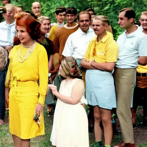 Prompt: an image of a queen with tan skin long rippling cinnamon hair and emerald colored eyes in a full shot, vintage historical fantasy 1 9 3 0 s kodachrome slide german and eastern european mix. the queen is pictured attending a barbecue for youth volunteers. she is dressed in a yellow ensemble paired with green accessories.