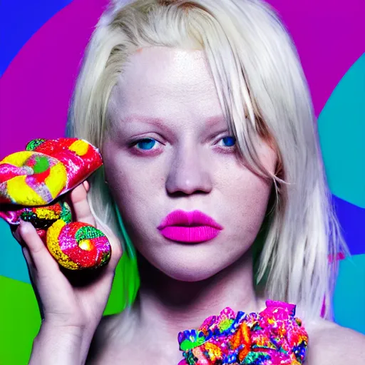 Image similar to portrait of an albino woman eating a lot of candy, unreal engine octane, colorful, hyper detailed, 50mm