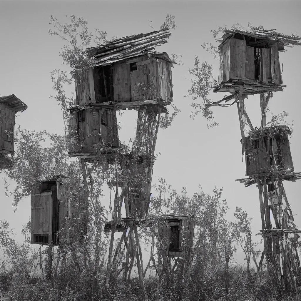 Prompt: two large towers, made up of makeshift squatter shacks, misty, mamiya rb 6 7, very detailed, photographed by ansel adams