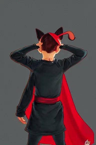 Image similar to little boy with cat ears in an black outfit with red cape. digital artwork made by lois van baarle and norman rockwell and marc simonetti, sharpness focus, inspired by hirohiko araki, anatomically correct, heroic composition, hero pose, smooth