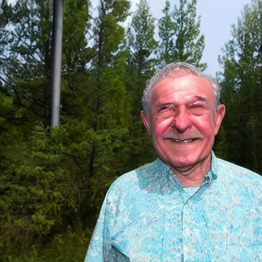 Image similar to a cheery man, on holiday at chernobyl, glowing background