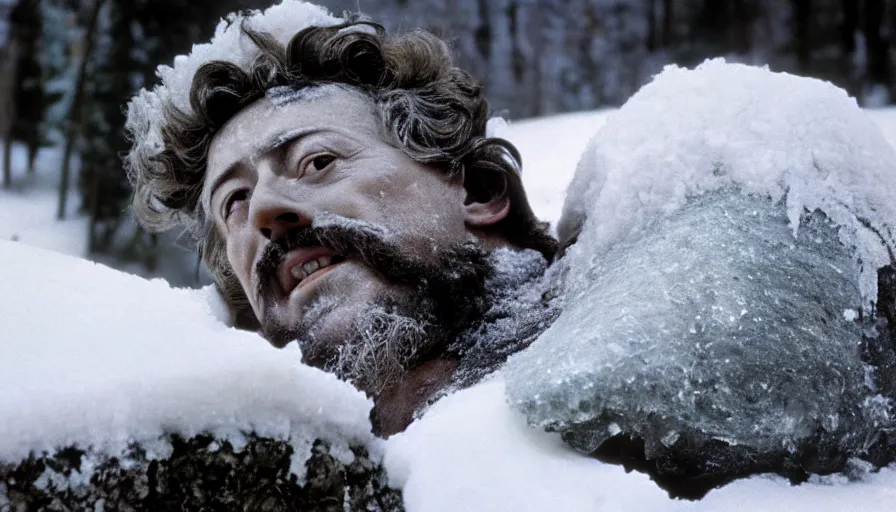 Image similar to 1 9 6 0 s movie still close up of marcus aurelius ill frozen to death under the snow by the side of a river with gravel, pine forests, cinestill 8 0 0 t 3 5 mm, high quality, heavy grain, high detail, texture, dramatic light, anamorphic, hyperrealistic, detailed hair, bright sun