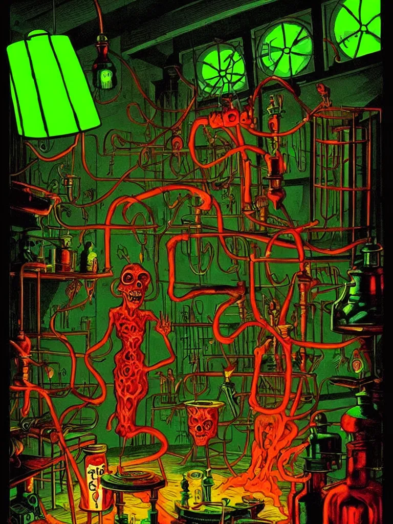 Prompt: Vibrant Colorful Vintage Horror Illustration of a Mad Scientist Experiment Poison Mutation Laboratory. Glowing , Spooky lighting , Pinterest