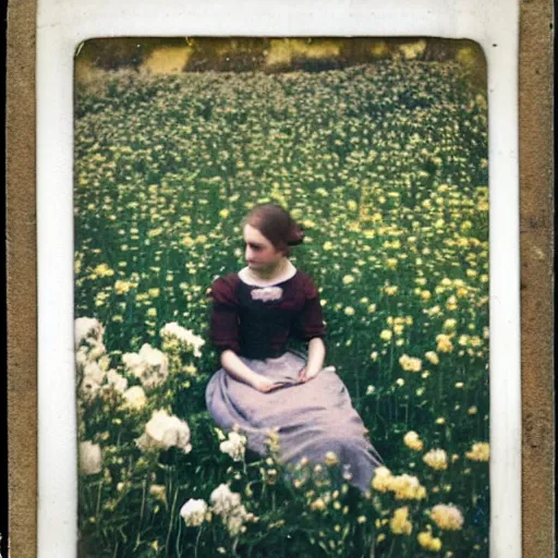 Prompt: sleepy girl in 19th centuries dress sitting in flowers field, polaroid