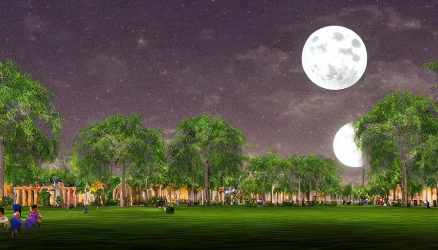 Image similar to a city park in Merida Yucatan Mexico with Ceiba trees and a full moon. fantasy illustration