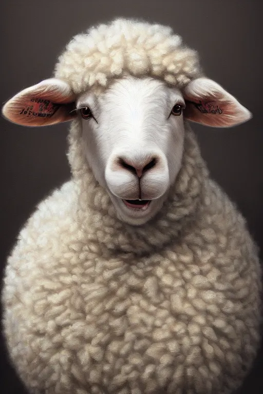 Image similar to anthropomorphic ryan as a sheep, oil on canvas, intricate, portrait, 8 k highly professionally detailed, hdr, cgsociety