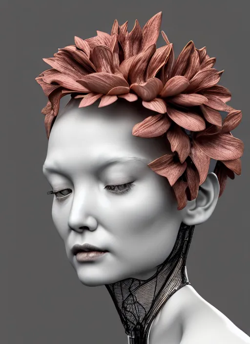 Prompt: complex 3d render ultra detailed of a beautiful porcelain profile woman face, mechanical cyborg, 150 mm, beautiful natural soft light, rim light, silver gold details, bloom magnolia big leaves and stems, roots, fine foliage lace, maze like, mesh wire, intricate details, hyperrealistic, ultra detailed, mandelbrot fractal, anatomical, red lips, white metal armor, facial muscles, cable wires, microchip, elegant, high fashion, octane render, H.R. Giger style, 8k