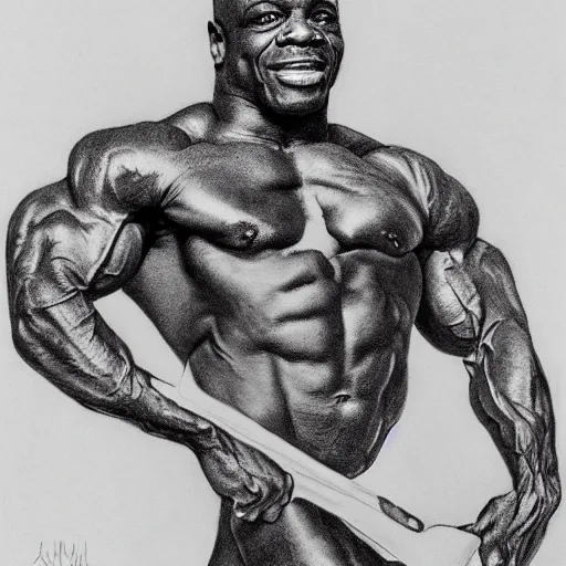 Prompt: a picture of Ronnie Coleman, full body, hand drawn by Michelangelo , pencil on paper,